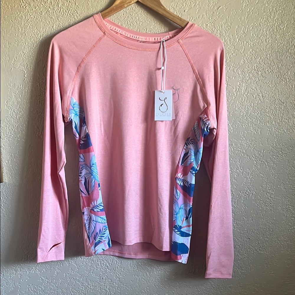 Reel Skipper Women's Rash Guard - Pink Long Sleeve with Blue Accents